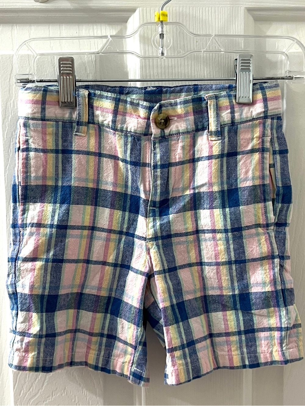 Janie And Jack Boys Blue Pink Plaid Linen Cotton Chino Shorts Sz 4